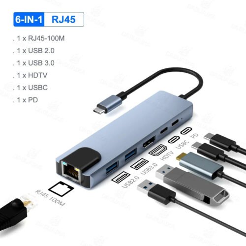 Adaptateur USB-C 6-en-1 – HDMI 4K, RJ45, USB 3.0