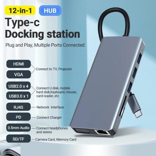 Adaptateur USB-C 12-en-1 – HDMI 4K, USB x5, PD 100W, TF/SD, RJ45, VGA, Jack