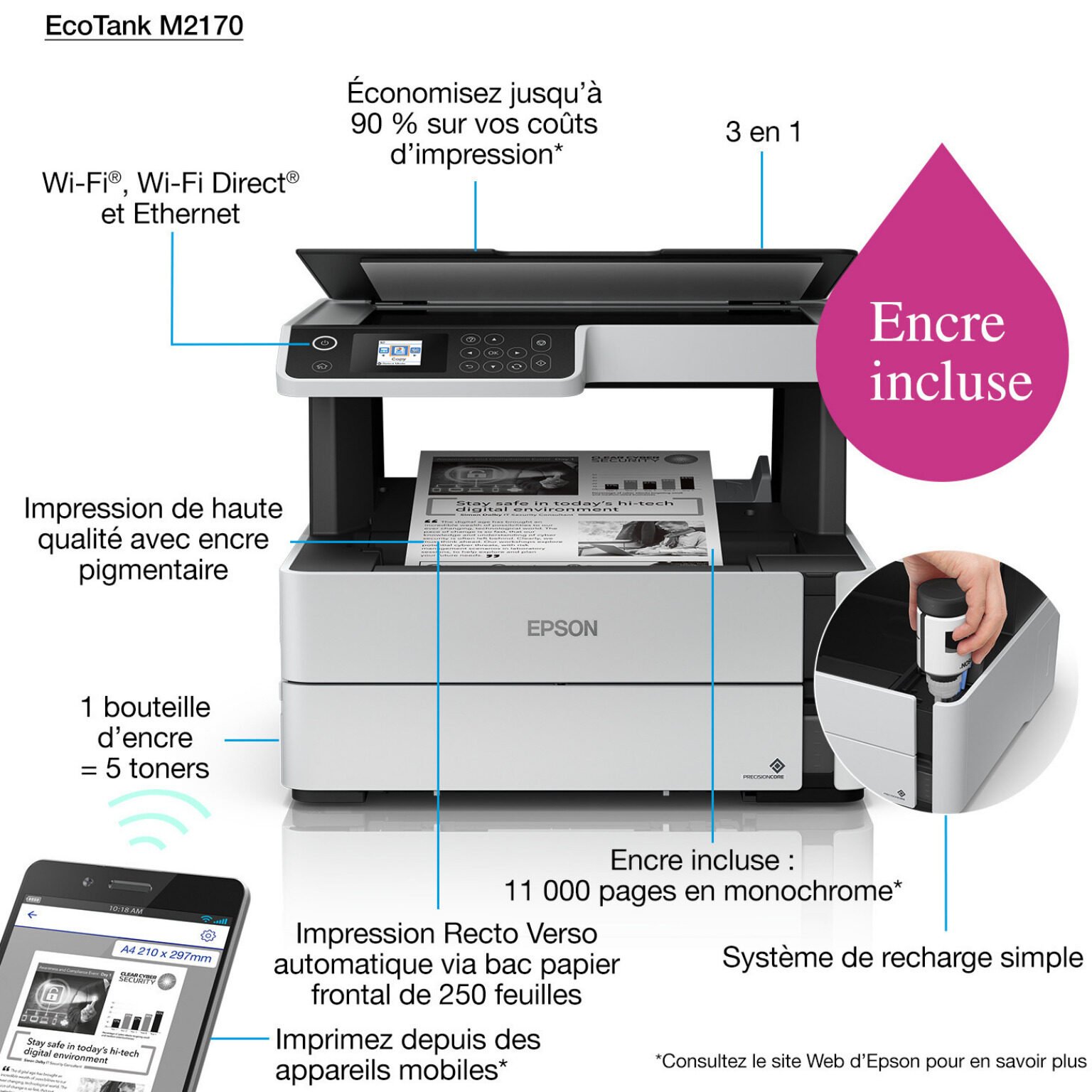 Imprimante Epson EcoTank M2170 Monochrome WiFi – Réservoirs Rechargeables (C11CH43403) – Image 3