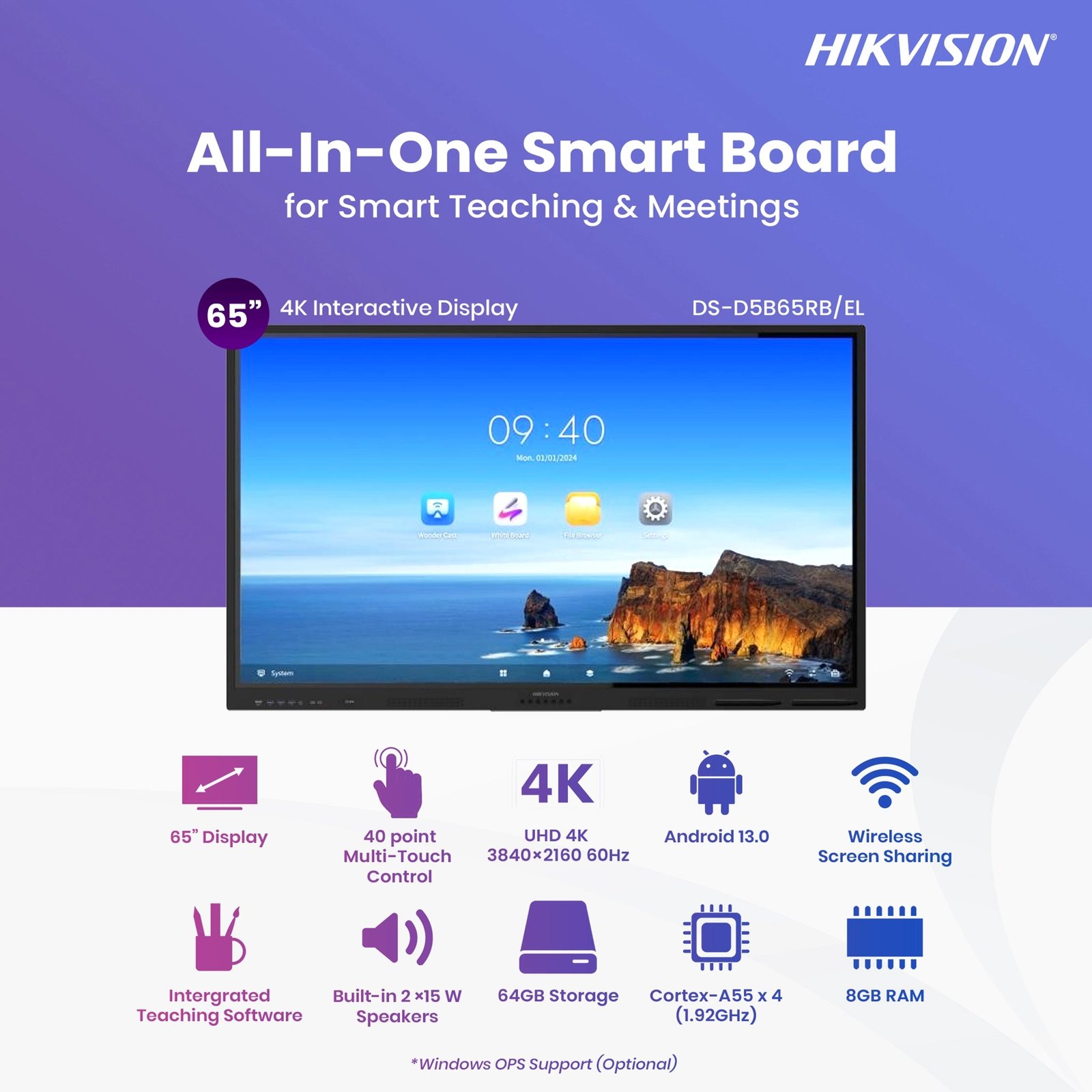 Écran Interactif Hikvision 65″ 4K UHD – DS-D5B65RB/EL