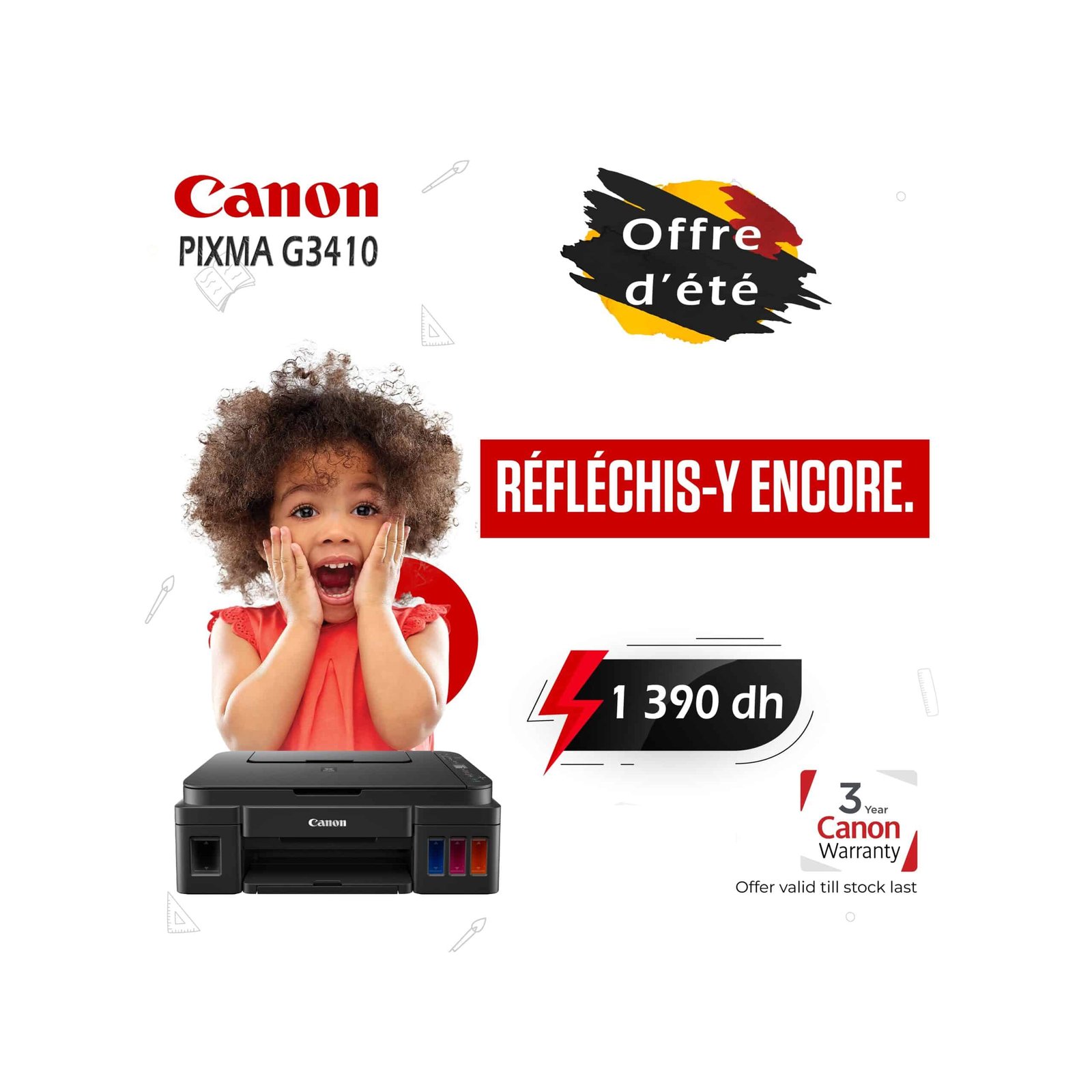 Imprimante Canon PIXMA G3410 Couleur WiFi – Réservoirs Rechargeables (2315C009AB)