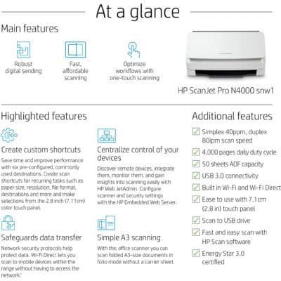 Scanner à Défilement HP ScanJet Pro N4000 SNW1 – 6FW08A – Image 4