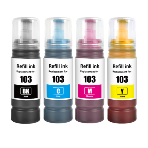 Pack 4 Bouteilles d'Encre Compatible Epson 103 (Noir, Cyan, Magenta, Jaune) - 70ml