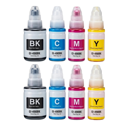 Double Pack d&rsquo;Encres Compatibles Canon GI-490 – 8 Bouteilles (2x Noir + 6x Couleurs)