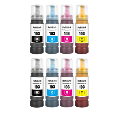 Double Pack d&rsquo;Encres Compatibles Epson 103 – 8 Bouteilles (CMJN x2)