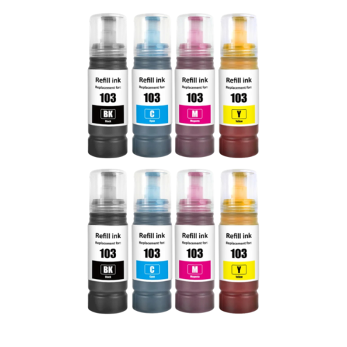 Double Pack d&rsquo;Encres Compatibles Epson 103 – 8 Bouteilles (CMJN x2)