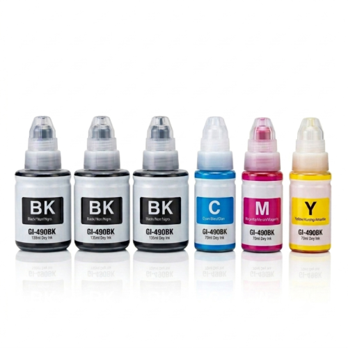 Pack Mixte de 6 Bouteilles d'Encres Compatibles Canon GI-490 (3x Noir + 3x Couleurs)