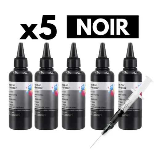 Pack 5 Bouteilles d&rsquo;Encre Universelle – Noir (5x100ml) + 1 Seringue