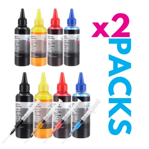 Double Pack Encre Universelle 8 Bouteilles (CMJN x2) + 4 Seringues