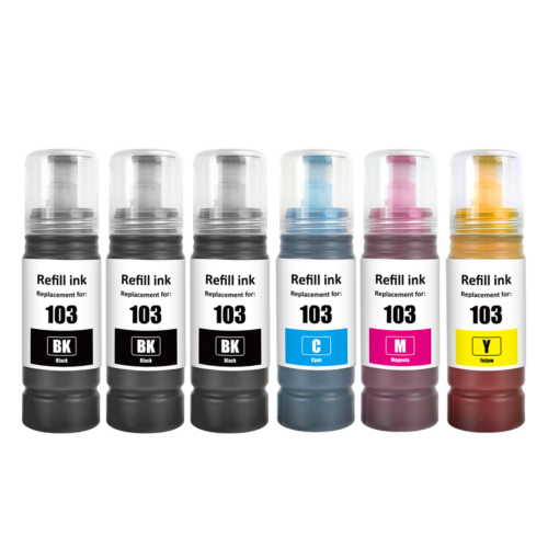 Pack de 6 Bouteilles d'Encre Compatible Epson 103 - 3 Noirs + 3 Couleurs (6 x 70ml)