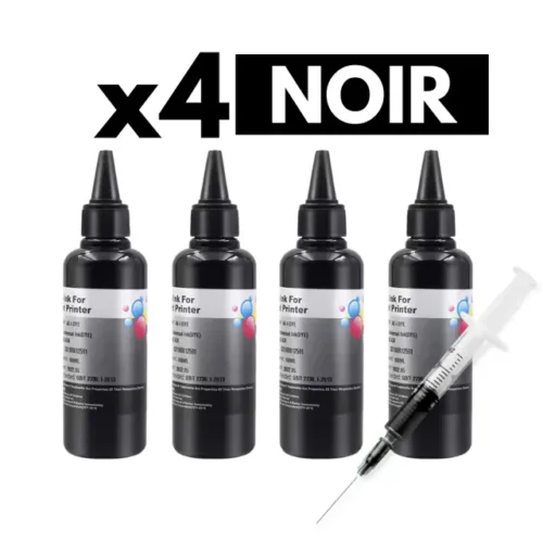 Pack 4 Bouteilles d&rsquo;Encre Universelle – Noir (4x100ml) + 1 Seringue